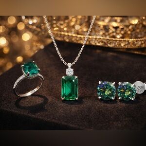 Emerald Moissanite Jewelry Set — Sterling Silver Elegance Size 8